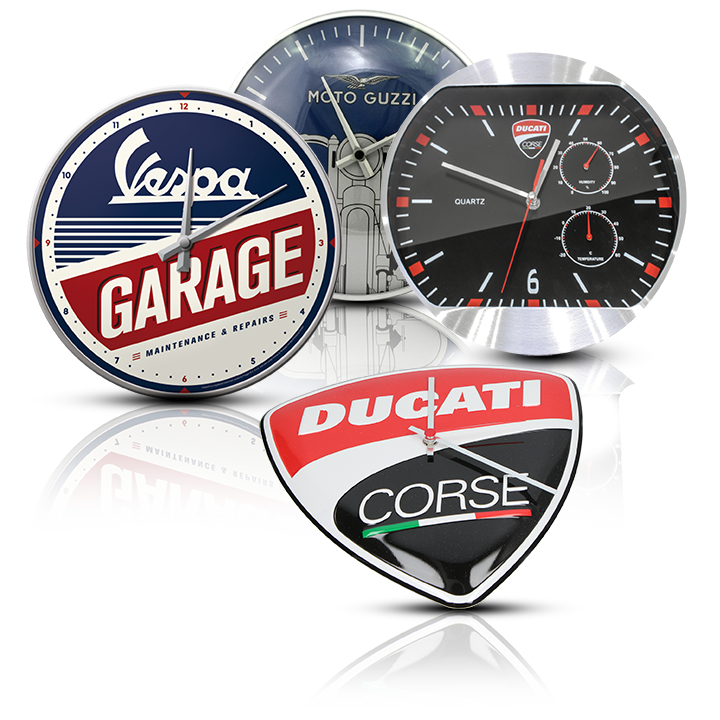 Various wall clocks in the style of Vespa, Moto Guzzi and Ducati Corse, in various shapes and designs.